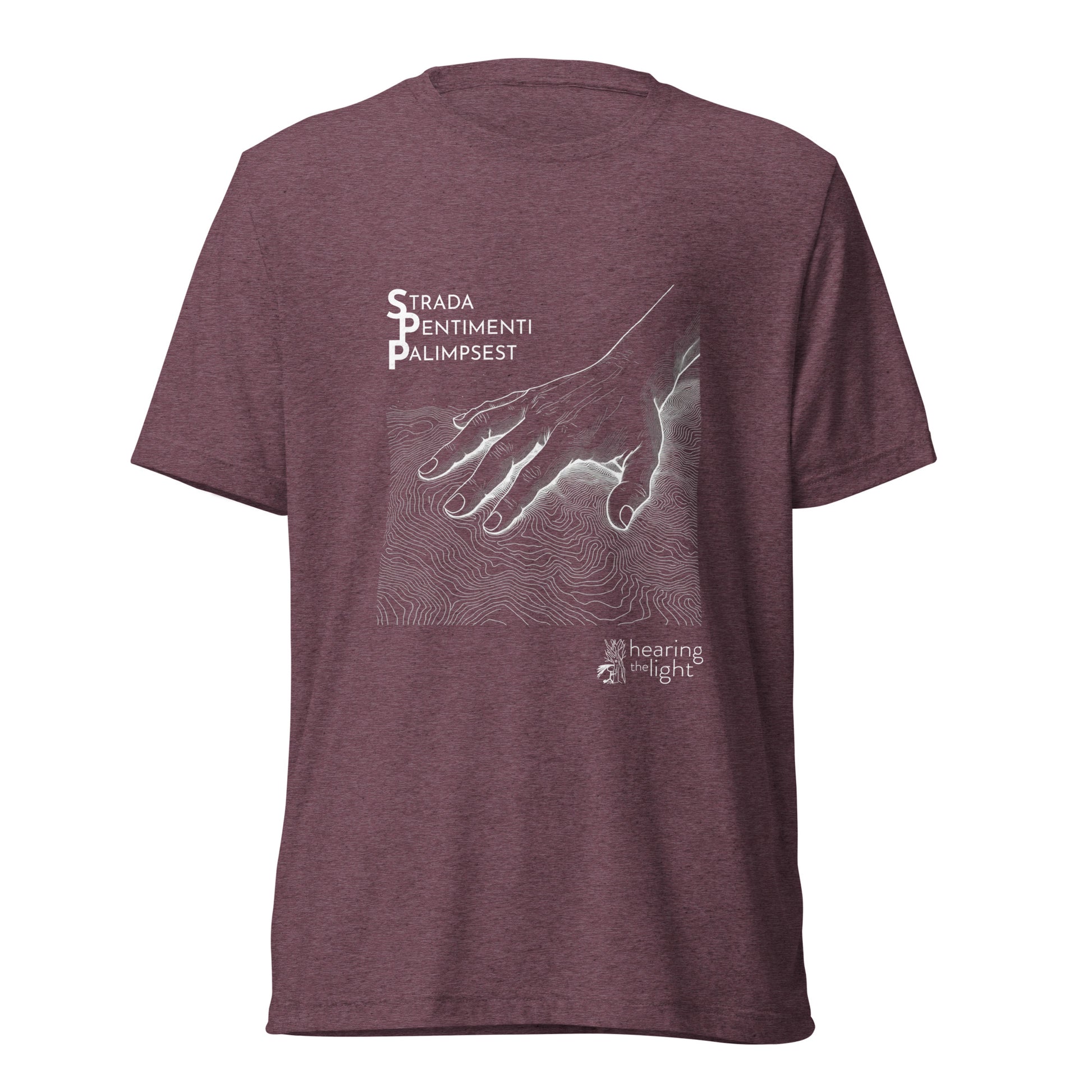 Maroon triblend shirt with line art and text that reads 'Strada Sentimenti Palimpsest' on a white background. 
