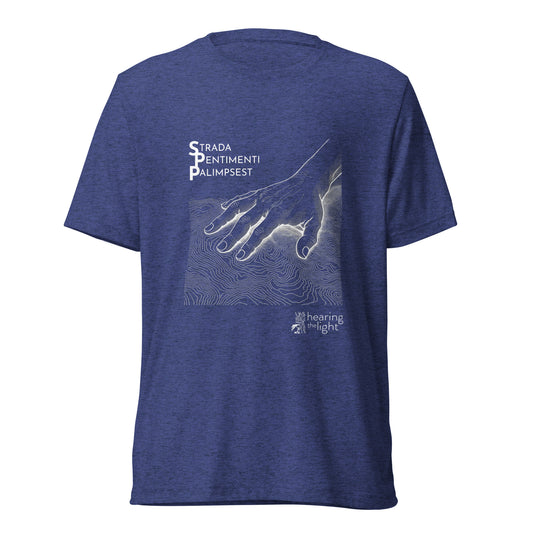 Navy triblend shirt with line art and text that reads 'Strada Sentimenti Palimpsest' on a white background. 