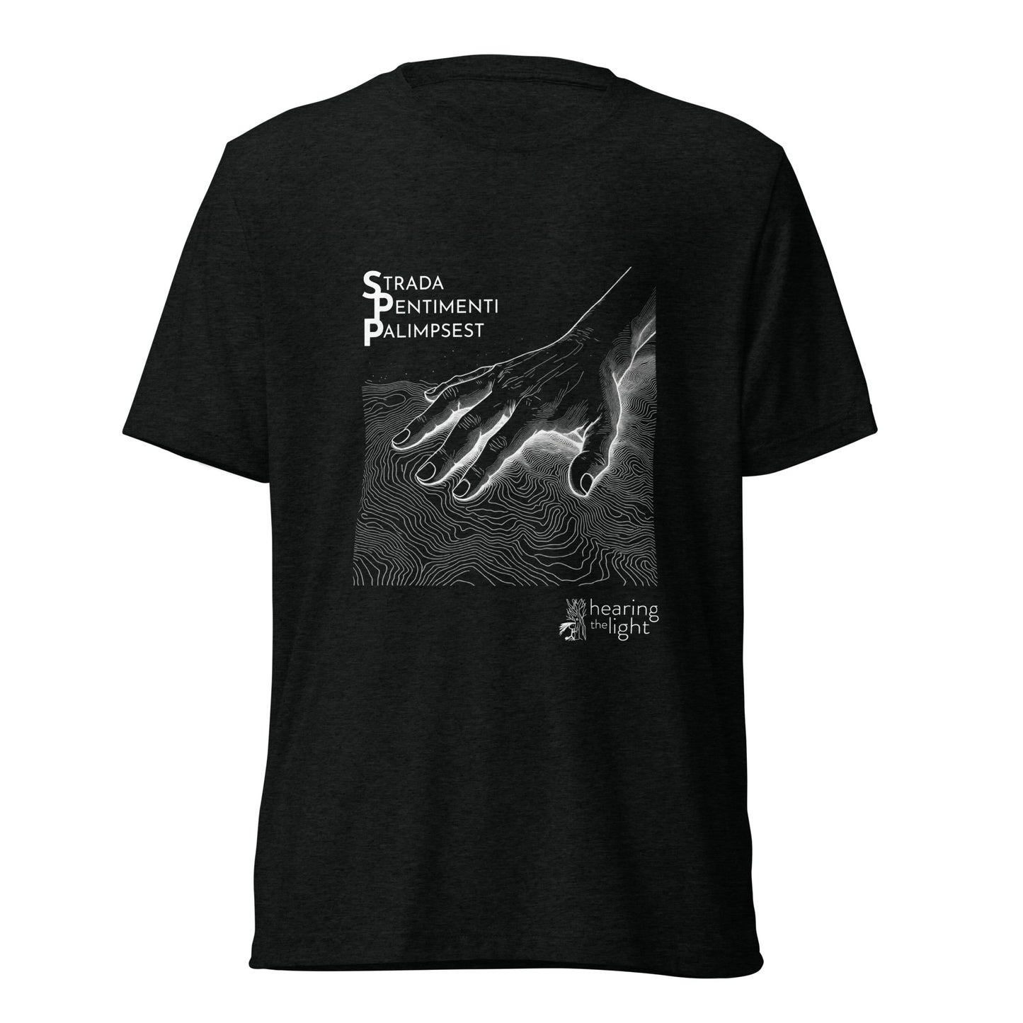 Black triblend shirt with line art and text that reads 'Strada Sentimenti Palimpsest' on a white background. 
