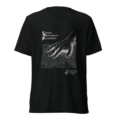 Black triblend shirt with line art and text that reads 'Strada Sentimenti Palimpsest' on a white background. 