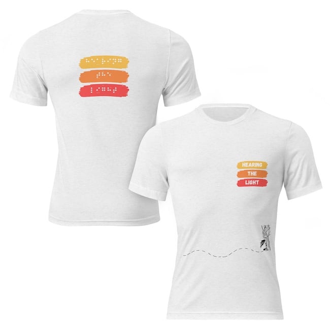 Unisex tri blend t-shirt solid white front and back says hearing the light in yellow, orange and red. 