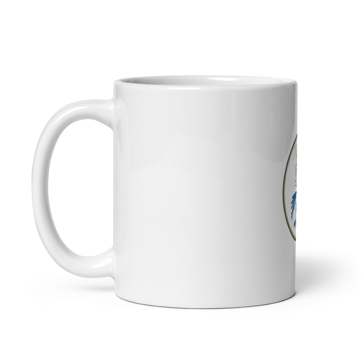 White mug with a logo on a white background