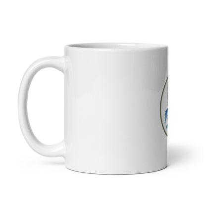 White mug with a logo on a white background