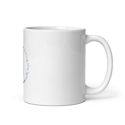 White mug with text on a white background