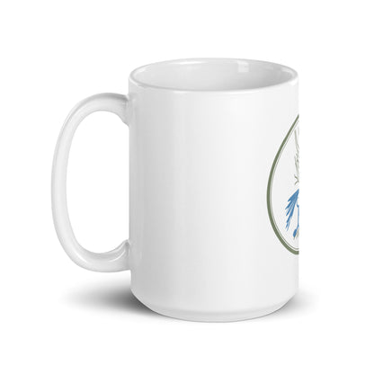 White mug with a logo on a white background