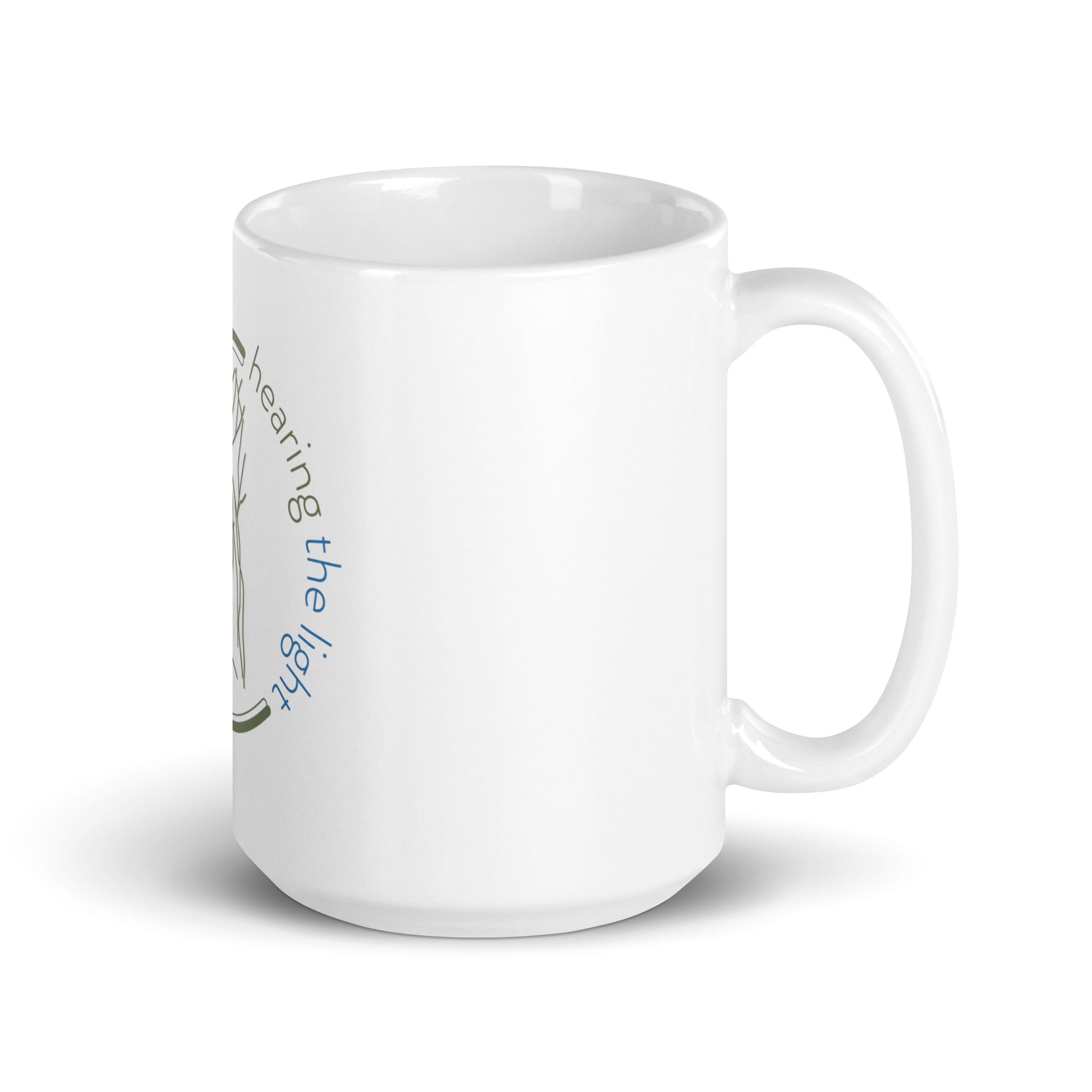 White mug with text on a white background