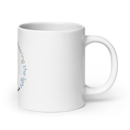White mug with text on a white background